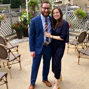 Navy blue silk thigh high slit dress